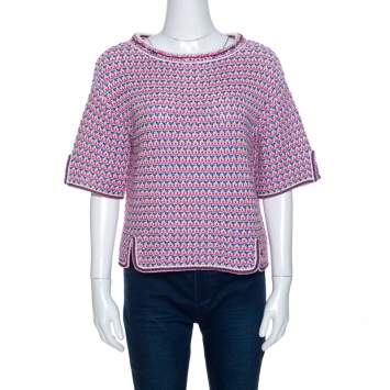 Pre Owned Chanel Mulitcolor Crochet Knit Short Sleeve Top M