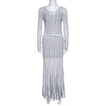 Pre Owned Chanel Grey Knit Lurex Detail Long Sleeve Maxi Dress M