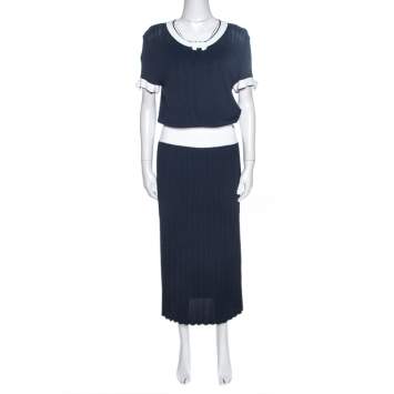 Pre Owned Chanel Navy Blue Rib Knit Contrast Trim Detail Midi Dress M