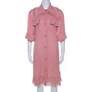 Pre Owned Chanel Pink Silk Crepe Fringed Shift Dress M