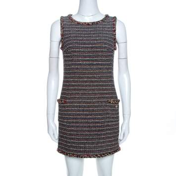 Pre Owned Chanel Black Striped Tweed Wool Mini Dress S