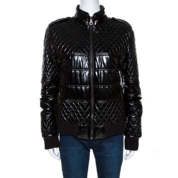 Pre Owned Chanel Black Quilted Rib Knit Trim Bomber Jacket L