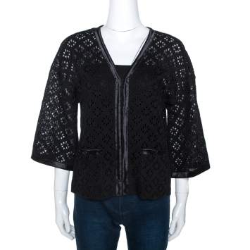 Pre Owned Chanel Black Eyelet Knit Silk Cardigan S