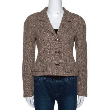 Pre Owned Chanel Brown Wool Tweed Lurex Detail Cropped Jacket M