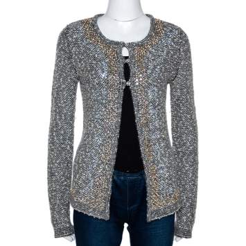 Pre Owned Chanel Monochrome Alpaca Wool Studded Boucle Cardigan M