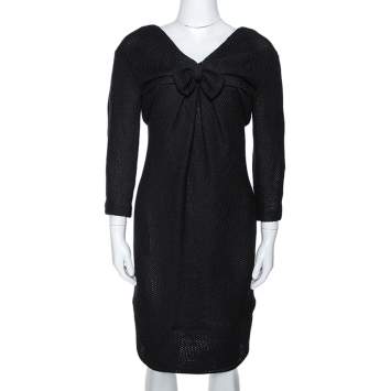 Pre Owned Chanel Black Textured Shimmer Cotton Knit Bow Detail Shift Dress M