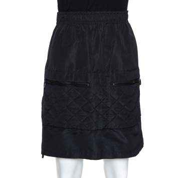Pre Owned Chanel Vintage Black Quilted Silk Velcro Detail Skirt S