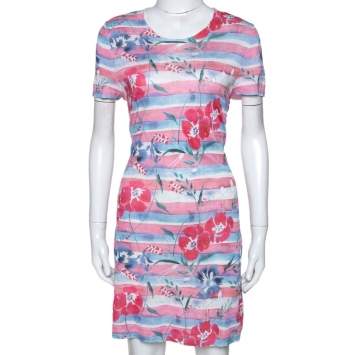 Pre Owned Chanel Pink Striped Floral Print Knit Shift Dress L