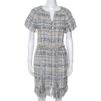 مملوكة مسبقًا Chanel Pale Grey Tweed Waist Tie Detail Zip Front Dress M