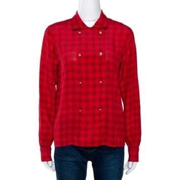 Pre Owned Chanel Red Printed Silk Button Front Long Sleeve Shirt M