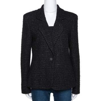 Pre Owned Chanel Black Tweed Single Button Tailored Jacket L