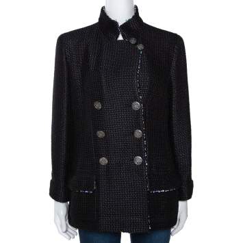 Pre Owned Chanel Black Silk Sequin Embellished Double Breasted Jacket L 