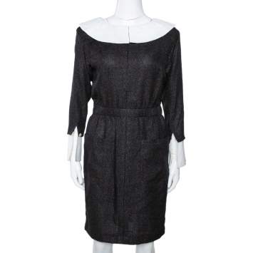 Pre Owned Chanel Monochrome Lurex Cotton Blend Collared Sheath Dress M