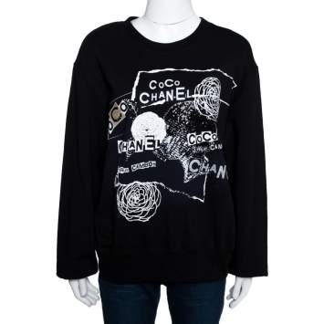 مملوكة مسبقًا Chanel Black Printed & Embellished Cotton Long Sleeve Sweatshirt XL
