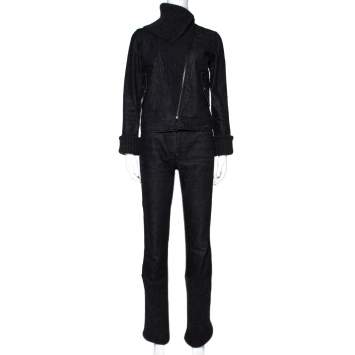 Pre Owned Chanel Charcoal Grey Denim & Rib Knit Pant Suit S