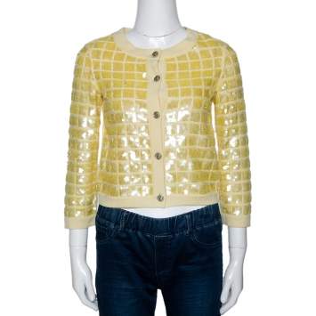 مملوكة مسبقًا Chanel Yellow Sequined Cashmere Button Front Cardigan S