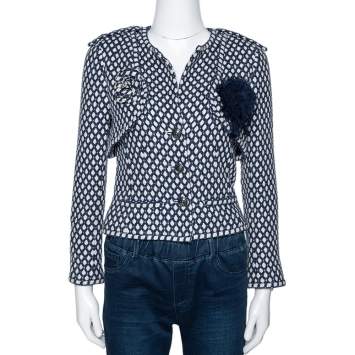 Pre Owned Chanel Navy Blue Tweed Bamboo Blend Brooch Detail Jacket S
