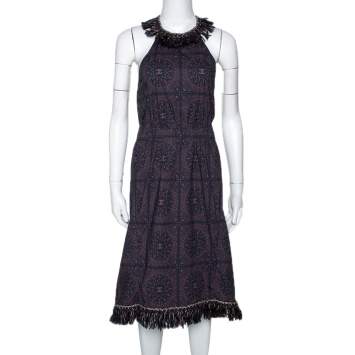 مملوكة مسبقًا Chanel Navy Blue Monogram Print Cotton Fringed Halter Dress S