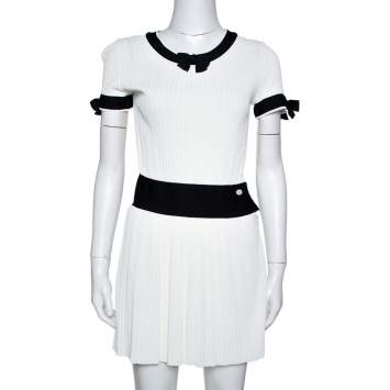 Pre Owned Chanel White Rib Knit Contrast Trim Detail Mini Dress S