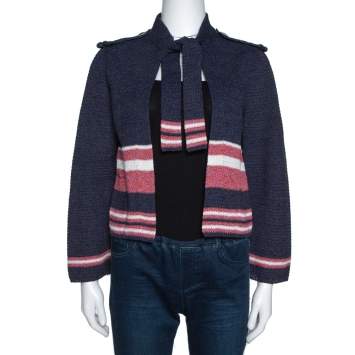 Pre Owned Chanel Blue Cotton Blend Striped Open Front Cardigan M