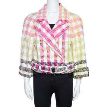 Pre Owned Chanel Multicolor Checked Tweed Cropped Belted Jacket L