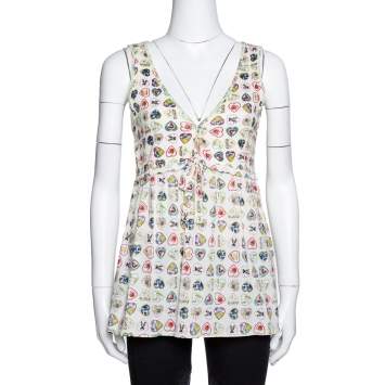 Pre Owned Chanel Cream Valentine Print Ribbed Cotton Sleeveless Top L