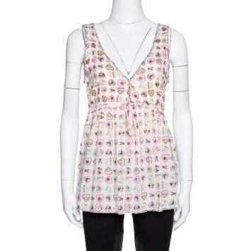 Pre Owned Chanel Pink Valentine Print Ribbed Cotton Sleeveless Top L
