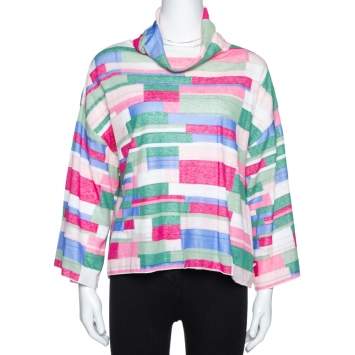 Pre Owned Chanel Multicolor Abstract Printed Knit Turtleneck Top S