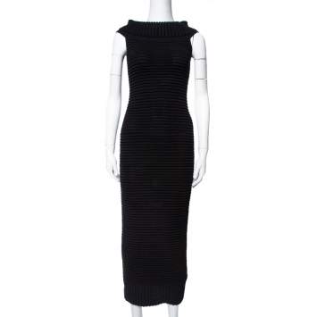Pre Owned Chanel Black Rib Knit Turtle Neck Dress S