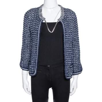 Pre Owned Chanel Navy Blue Crochet Knit Neck Chain Detail Jacket M