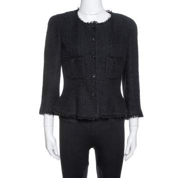 Pre Owned Chanel Black Silk & Cotton Fringed Button Front Jacket L