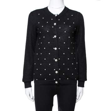 Pre Owned  Chanel Black Bead Embellished Mohair Button Front Cardigan M