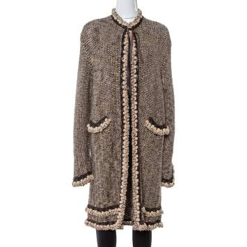 Pre Owned Chanel Vintage Brown Tweed Braided Trim Tie Neck Coat L