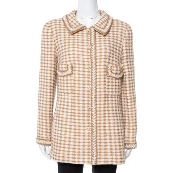 Pre Owned Chanel Vintage Beige Houndstooth Tweed Button Front Jacket L