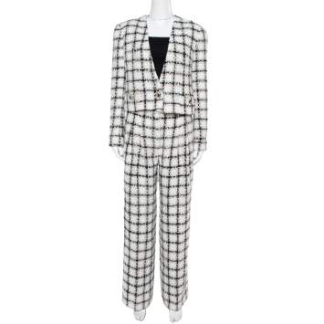 Pre Owned Chanel White Checked Tweed Wide Leg Trouser Suit M