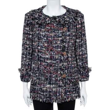 Pre Owned Chanel Navy Blue Tweed Embellished Closure Detail Jacket L