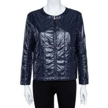 Pre Owned Chanel Navy Blue Quilted Zip Front Jacket L