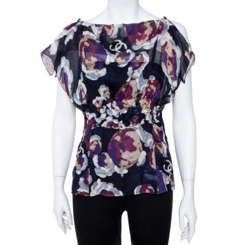 Pre Owned Chanel Navy Blue Camellia Print Silk Smocked Sheer Blouse L