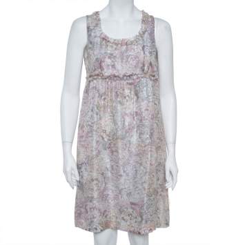 Pre Owned Chanel Pale Grey Floral Print Silk Sleeveless Dress L