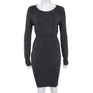 Pre Owned Chanel Black Wool Knit Ribbed Waist Long Sleeve Dress S