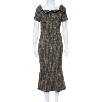 Pre Owned Chanel Green Double Breasted Tweed Midi Dress S
