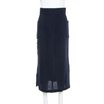 Pre Owned Chanel Vintage Navy Blue Wool Midi Skirt M