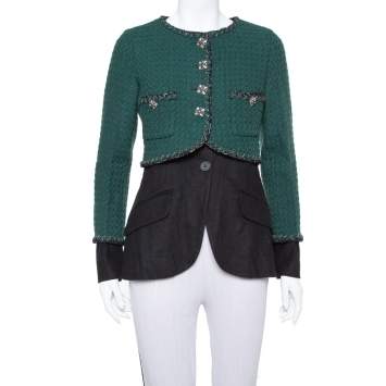 Pre Owned Chanel Green & Black Tweed Double Layer Jacket S