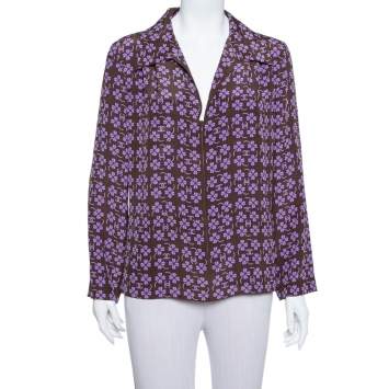 مملوكة مسبقًا Chanel Brown Logo & Floral Printed Silk Zipper Front Blouse L