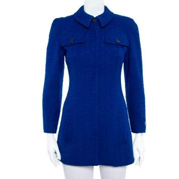 Pre Owned Chanel Vintage Blue Tweed Button Front Long Jacket S