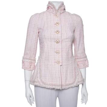 Pre Owned Chanel Baby Pink Tweed Stand Collar Fringed Jacket S