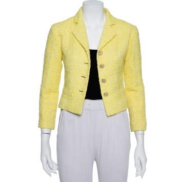 Pre Owned Chanel Yellow Tweed Button Front Cropped Blazer S
