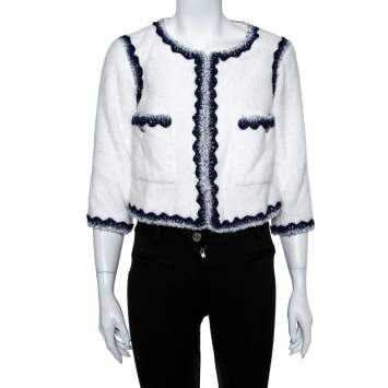 Pre Owned Chanel White Faux Fur Contrast Trim Detail Collarless Jacket S