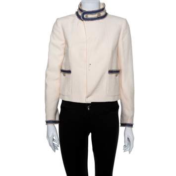 Pre Owned Chanel Cream Boucle Stand Collar Button Detail Jacket S