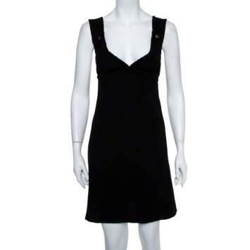 Pre Owned Chanel Black Textured Wool Plunge Neck Sleeveless Dress S